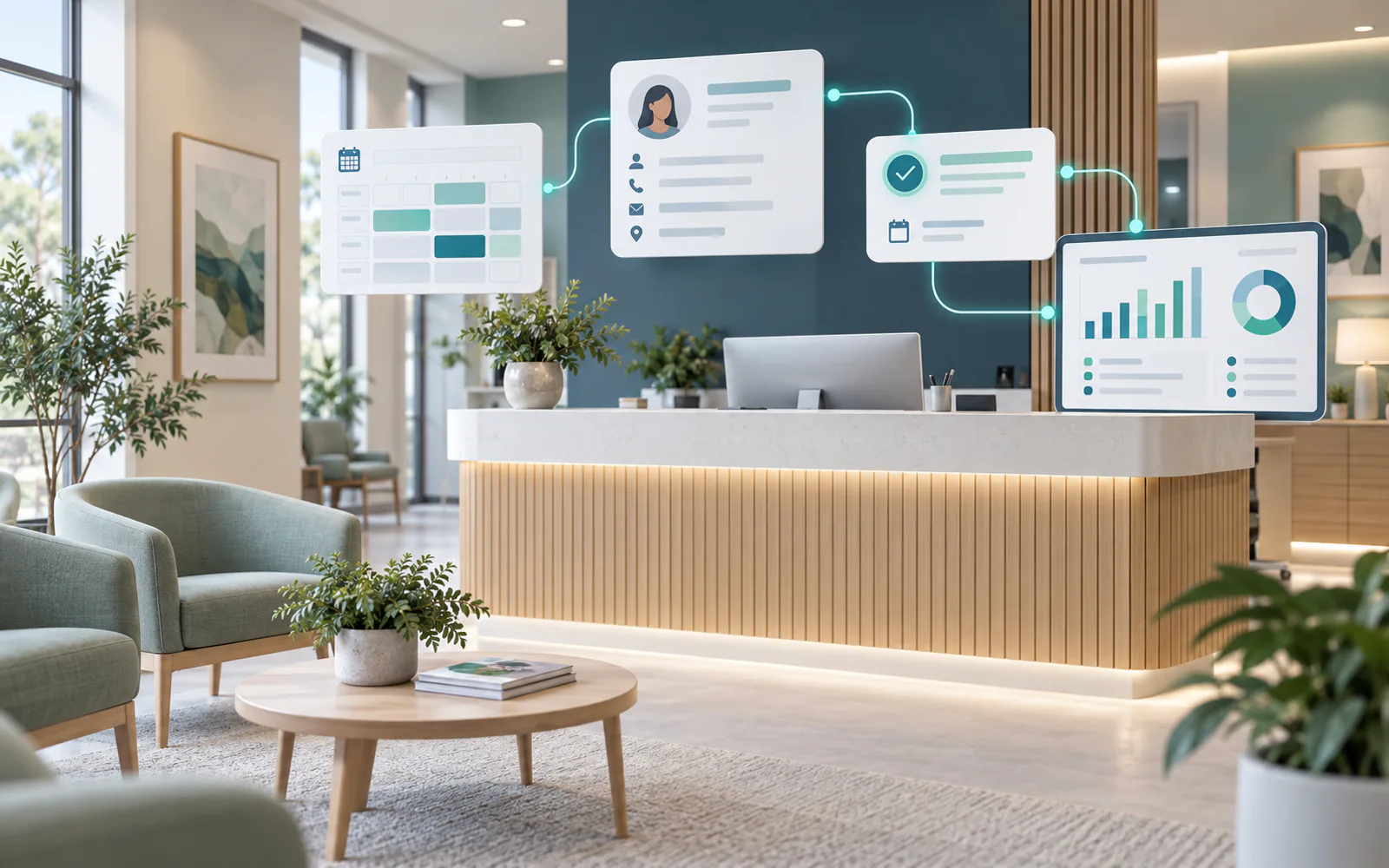 A modern clinic reception connected to abstract appointment, profile, follow-up, and reporting cards