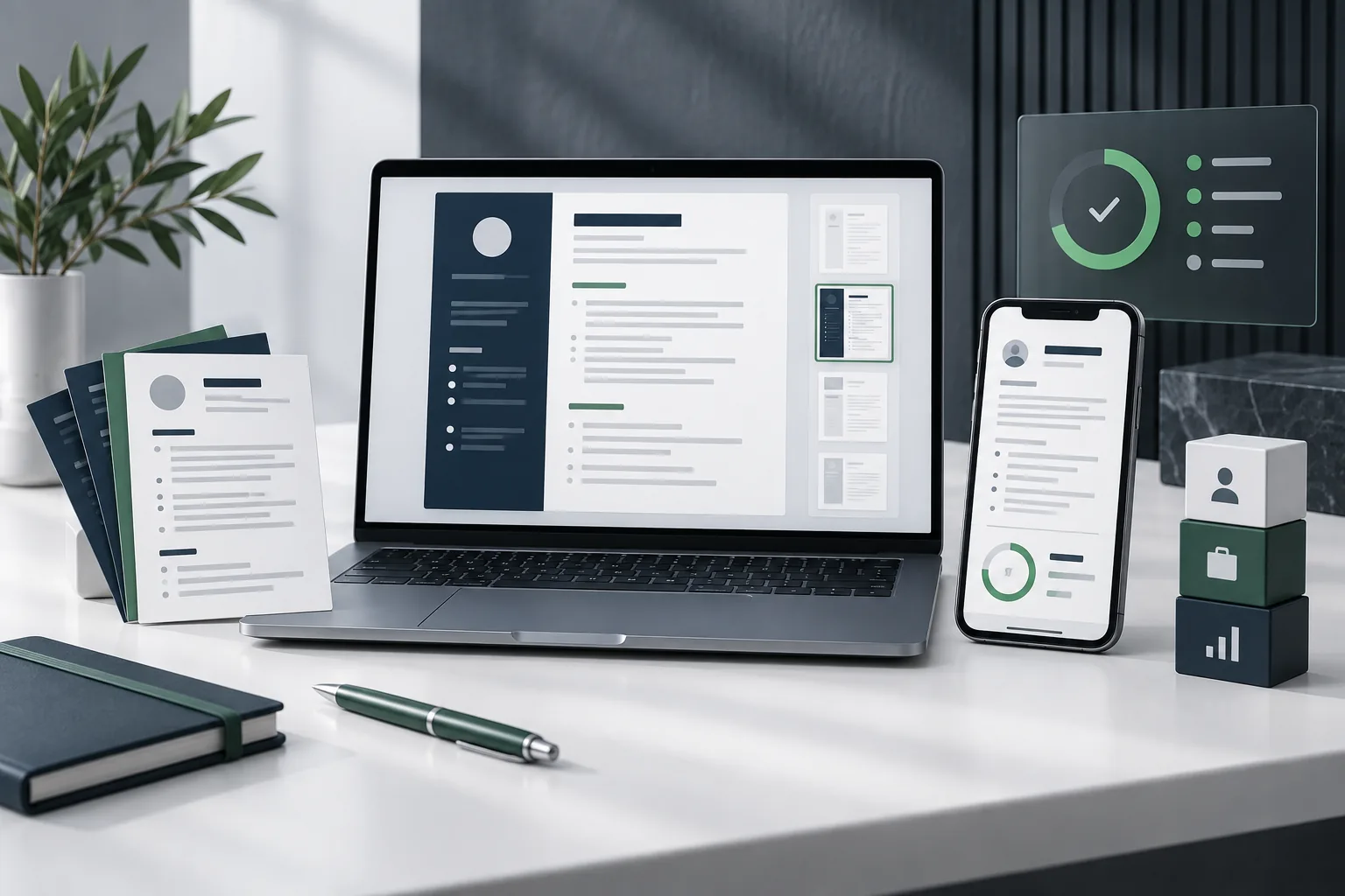 A modern laptop and phone showing abstract resume layouts, template cards, and a quality score